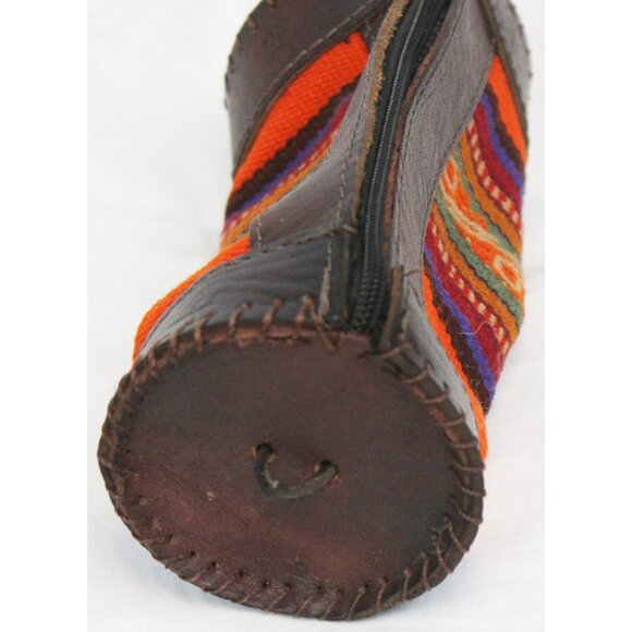 Peruvian Peru Pencil Stationary Case Cylinder Woven Native Blanket Leather Pouch - Picture 5 of 9